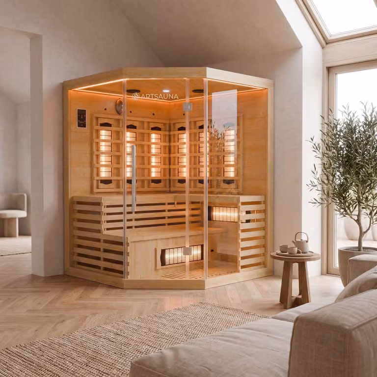 Artsauna cabina a infrarossi Kiruna150 con 8 riscaldatori a spettro completo e 1 riscaldatore a pannello, 3 persone, 150 x 150 cm, luce colorata a LED e vetro frontale, sauna a infrarossi Sauna