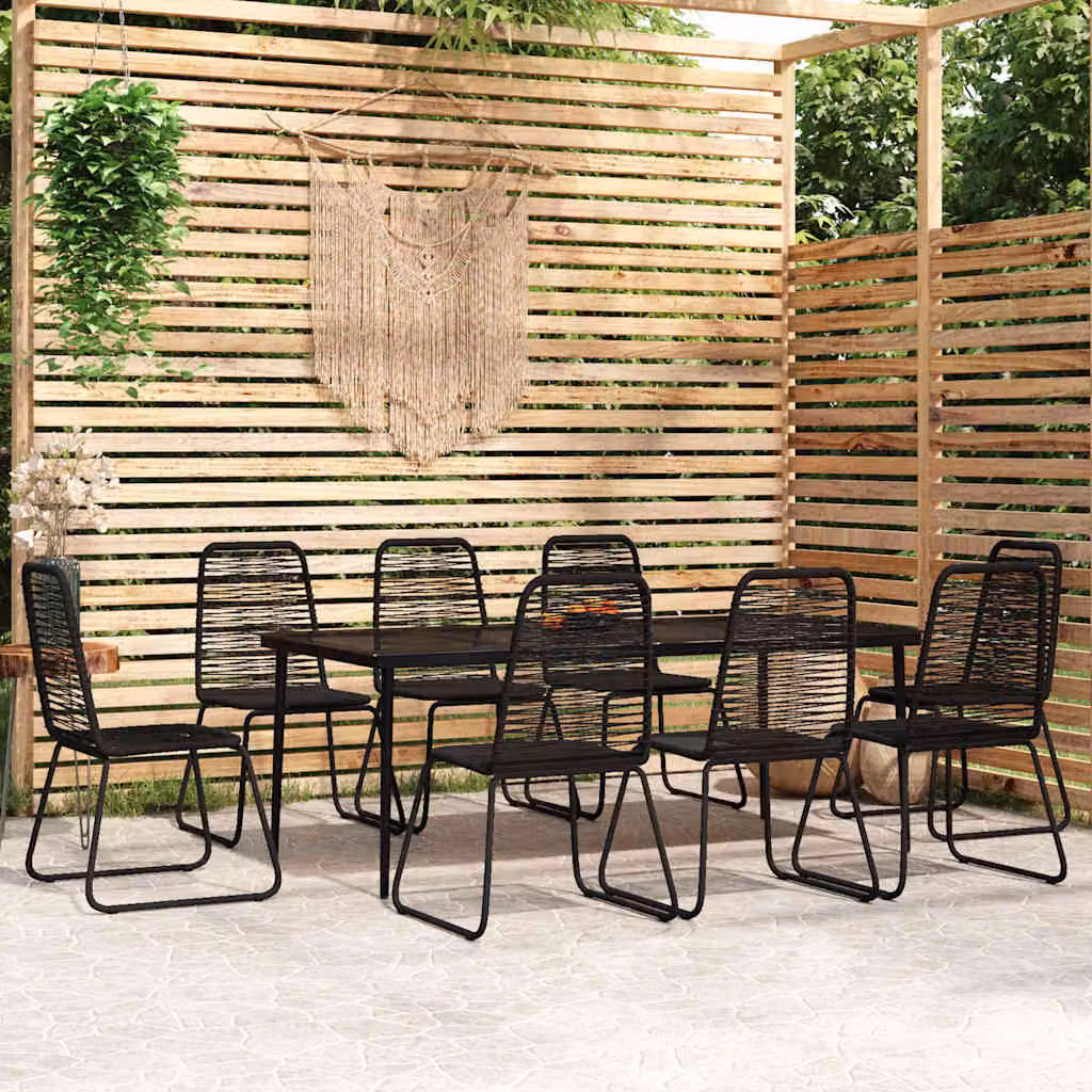 Set da pranzo per giardino vidaXL in polyrattan nero con cuscini e tavolo in vetro da 9 pezzi