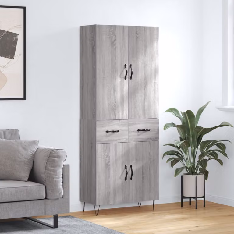 Credenza moderna vidaXL in legno multistrato e metallo, colore Grigio Sonoma, L: 69,5 cm, P: 34 cm, H: 180 cm