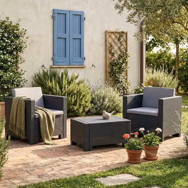 Set salotto da esterno DMORA Antracite con poltrone lounge, tavolino da caffè e cuscini, ideale per giardino o balcone – 1