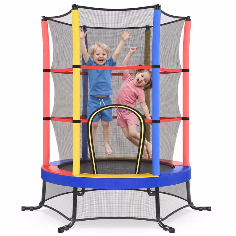 Trampolino per bambini con recinto di protezione e tappeto sicurezza, Multicolore
