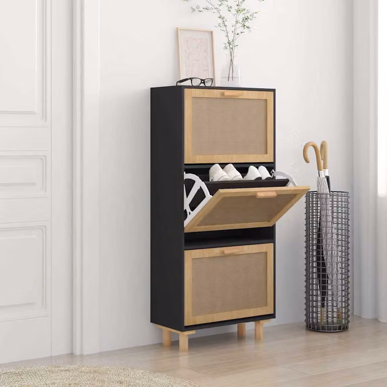 Scarpiera vidaXL in stile scandinavo con legno e rattan, Nero, L: 52 cm, P: 25 cm, H: 115 cm