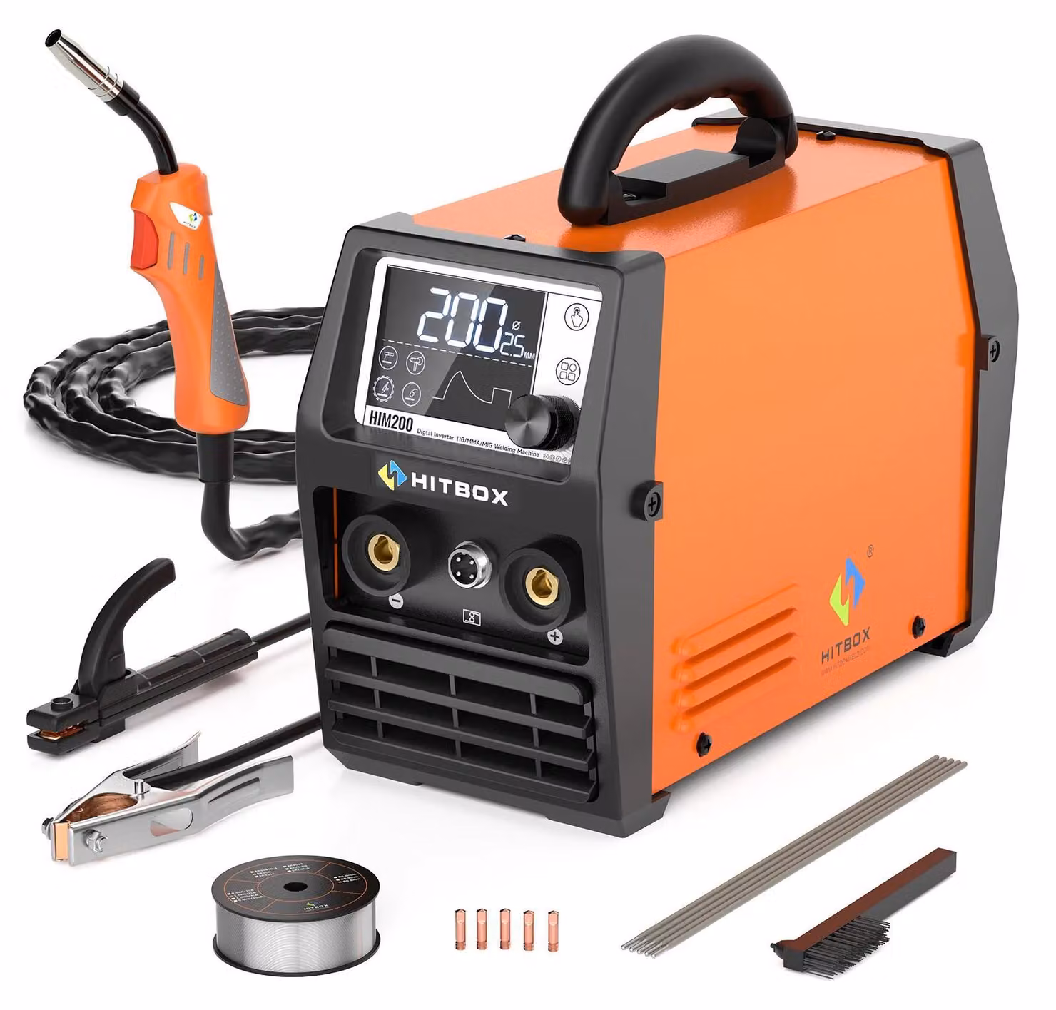 Saldatrice MIG - Inverter HIM200 - Senza gas (filo animato) - Alimentazione automatica del filo - 110/220 V - 1 kg di filo - 44×26×23 cm - Rosso ruggine