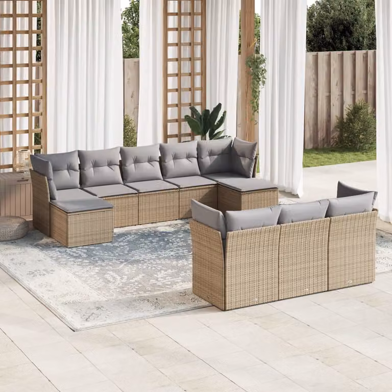 vidaXL Set Divano da Giardino 10 pz a forma di U in Polyrattan con Cuscini Beige e Struttura in Metallo