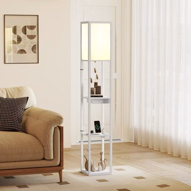 Lampada da terra Moonbite con 3 ripiani e stazione di ricarica USB, interruttore a pedale E27, sostituto del comodino con vani portaoggetti, pannello MDF, bianco
