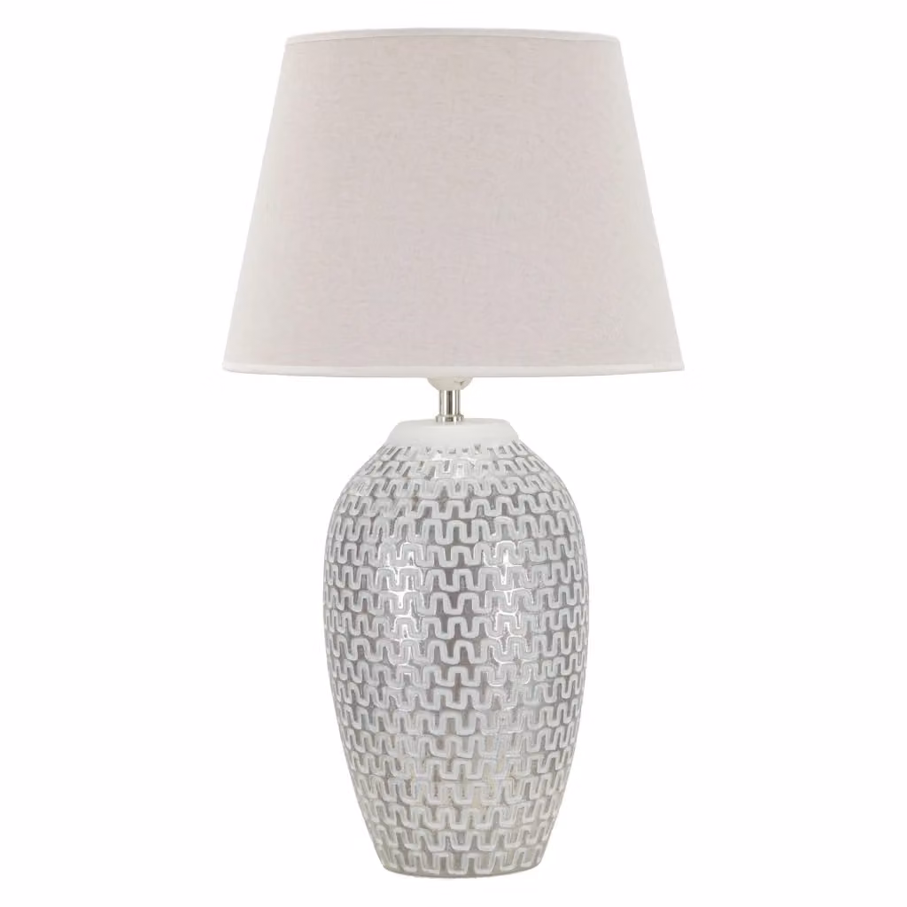 Lampada da tavolo Balosemo in bianco e argento con paralume in tessuto e base in ceramica – 2