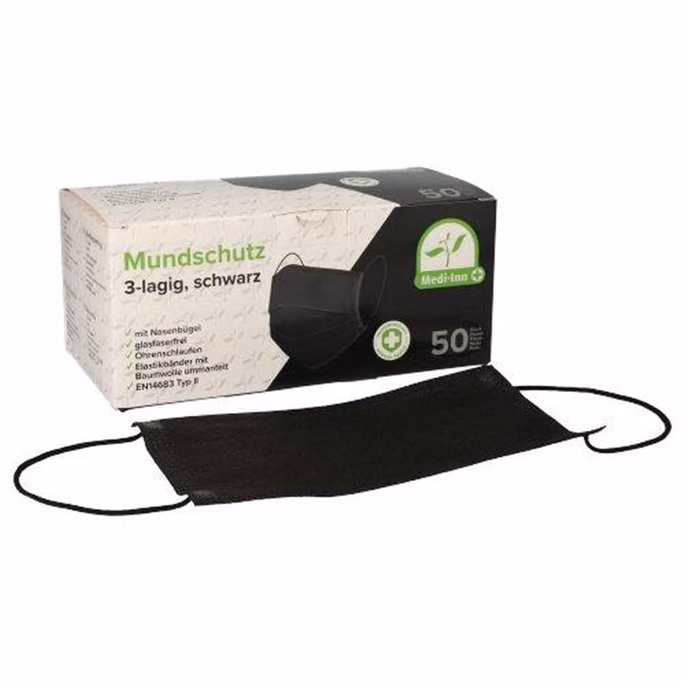 500 Medi-Inn Maschera facciale Medi-Inn® tipo II a 3 strati 9 cm x 17,5 cm nera con clip per il naso 93629
