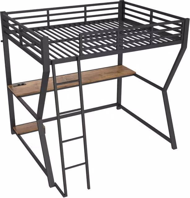 Letto a soppalco 140x200 cm con struttura in ferro, mensola computer, scrivania, LED, prese e USB, scala e ringhiera, nero, senza materasso