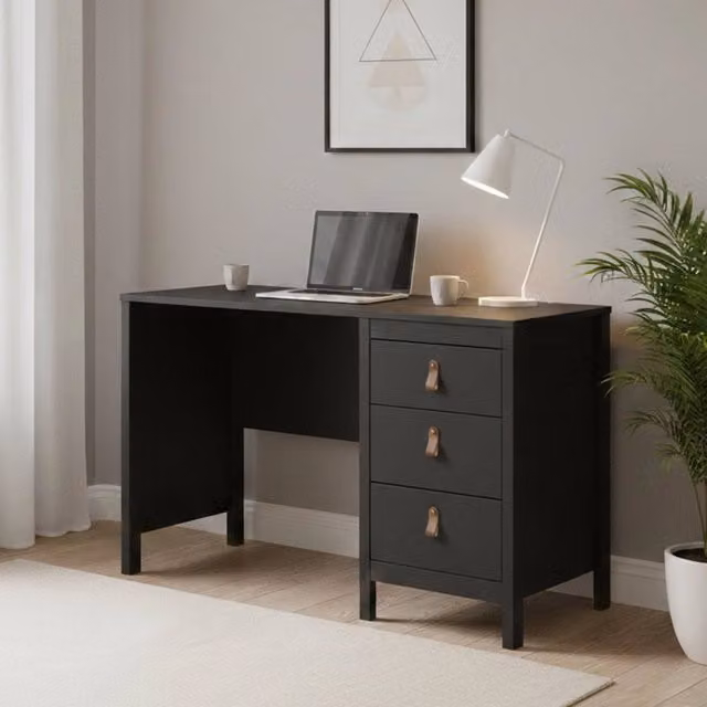 Scrivania DMORA moderna con cassettiera, tavolo da ufficio nero opaco, L: 120 cm, P: 48 cm, H: 77 cm – 1