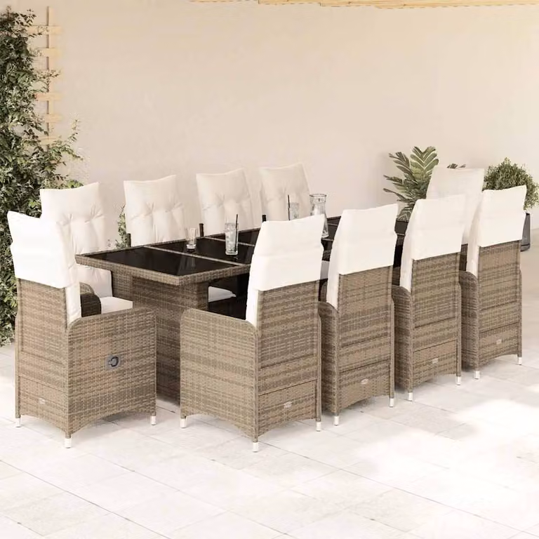 Set Bistrò da Giardino e Balcone vidaXL 11 pz in Polyrattan Beige e Bianco con Cuscini e Tavolo in Vetro