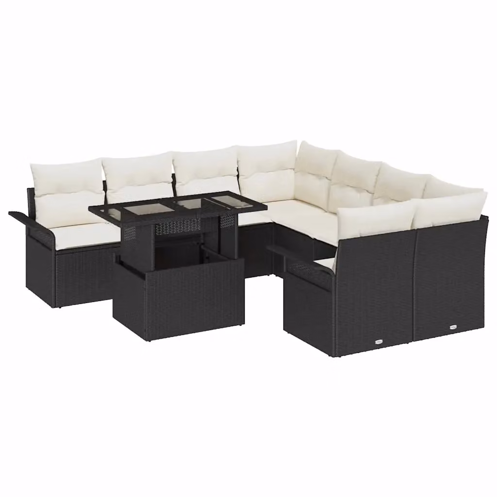Set Divano da Giardino Moderno vidaXL 9 Pezzi con Tavolino e Cuscini, Struttura in Acciaio Verniciato a Polvere e Rattan, Colore Nero e Beige – 2