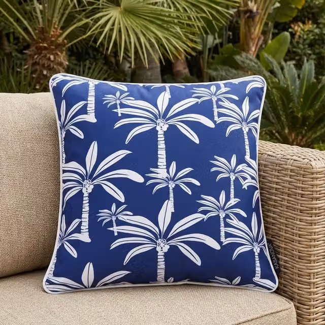 Cuscino arredo KASANOVA idrorepellente con motivo floreale palme blu L 50 cm x P 50 cm