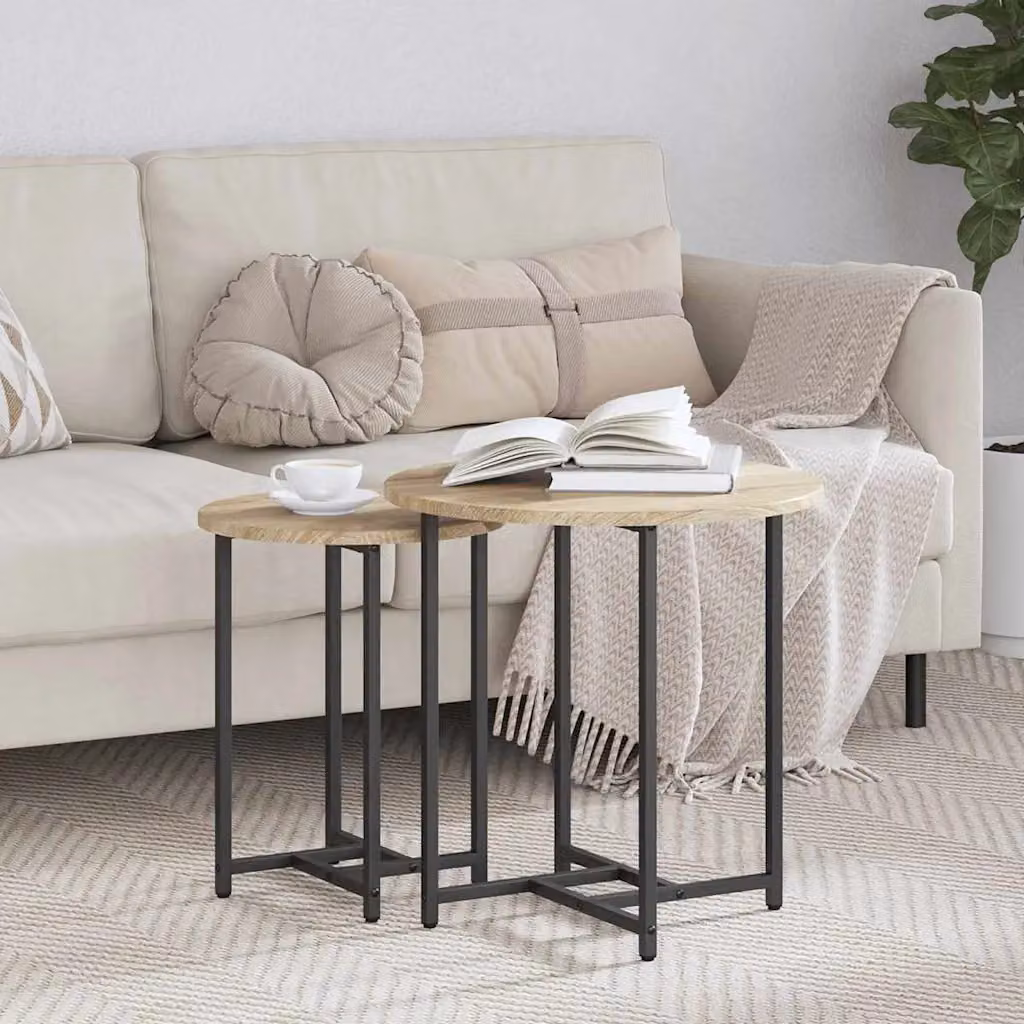 Set di 2 tavolini rotondi vidaXL in stile industriale, colore Rovere e Nero, L/P/H: 50 x 50 x 50 cm