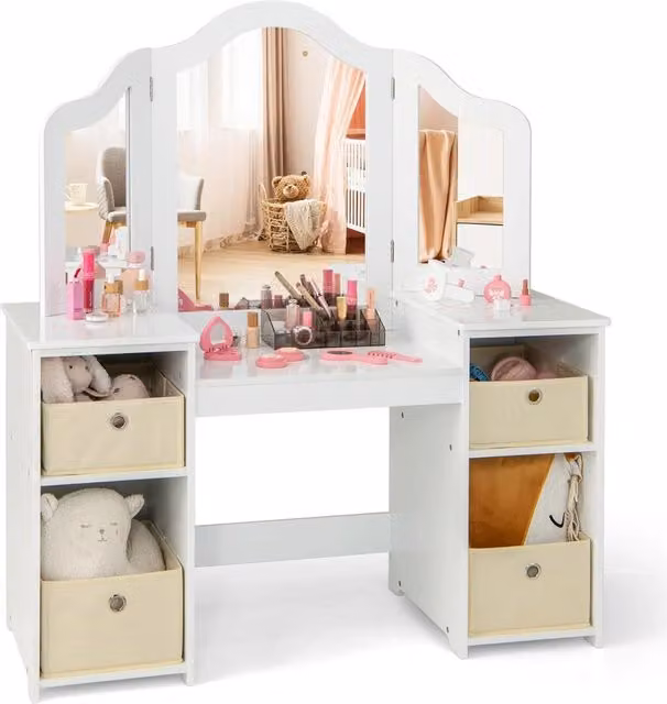 Toeletta Trucco 2 in 1 per Bambina Costway in Legno Bianco con Specchio Staccabile e 4 Cassetti, L: 107 cm, P: 40 cm, H: 117 cm