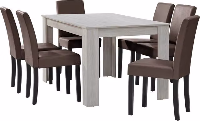 Set Pranzo con Tavolo 140x90 cm e 6 Sedie in Similpelle - Effetto Rovere Bianco / Marrone [en.casa]