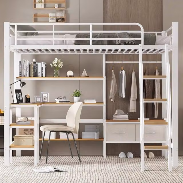 Letto a soppalco ¨C Minimal ¨C 90x200 cm, metallo + MDF, bianco + colore naturale, con scrivania e gradini e contenitori