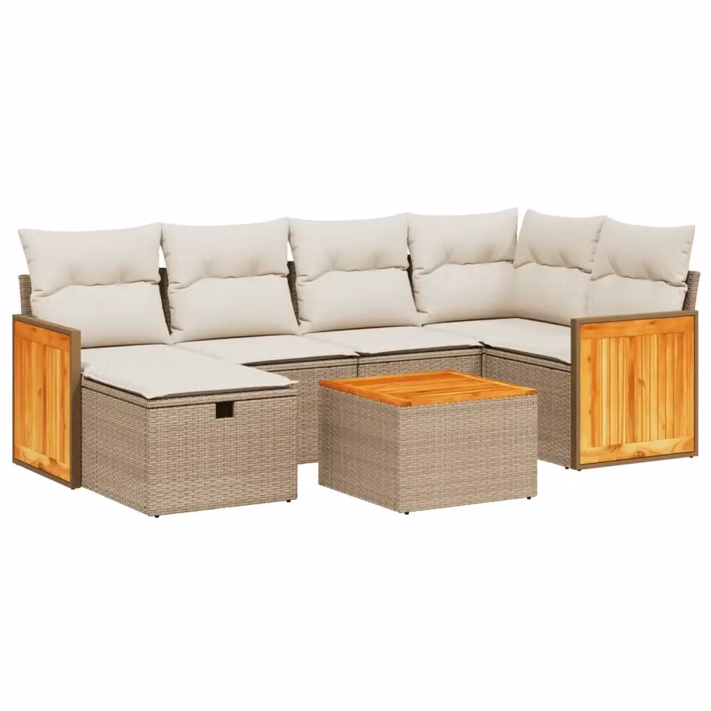vidaXL Set Divani da Giardino 7 pz a Forma a L con Cuscini Beige e Tavolino, Struttura in Metallo e Polyrattan per Terrazza e Giardino – 2