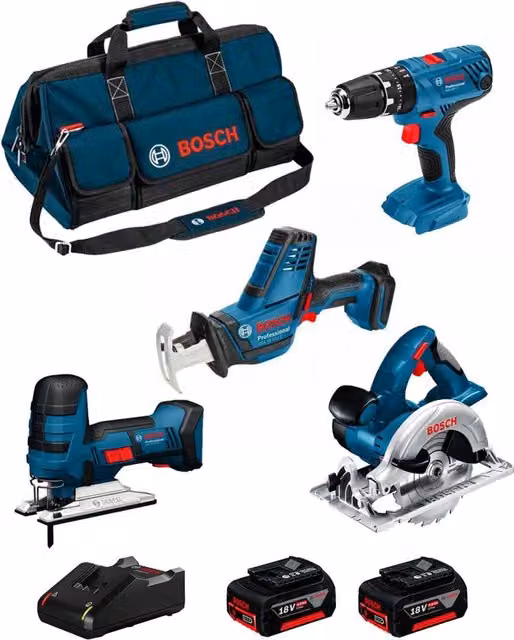 Kit utensili Bosch 18V BK404BAG blu con avvitatore, seghetto, trapano, 2 batterie da 5,0 Ah, caricabatterie e borsa