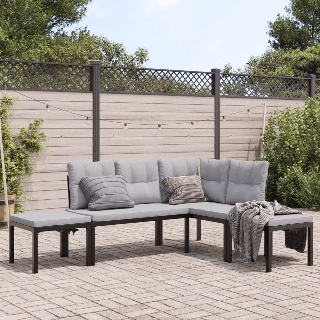 Set Divano da Giardino a L vidaXL con Cuscini in Poliestere Grigio e Nero in Acciaio Verniciato a Polvere – 1