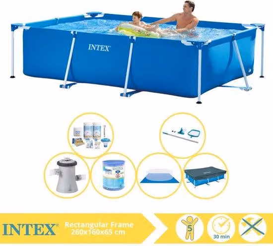 Piscina rettangolare con telaio Intex - Piscina fuori terra - 260x160x65 cm - Completa di telo di copertura, kit di manutenzione, pompa, filtro, telo di fondo e kit di manutenzione