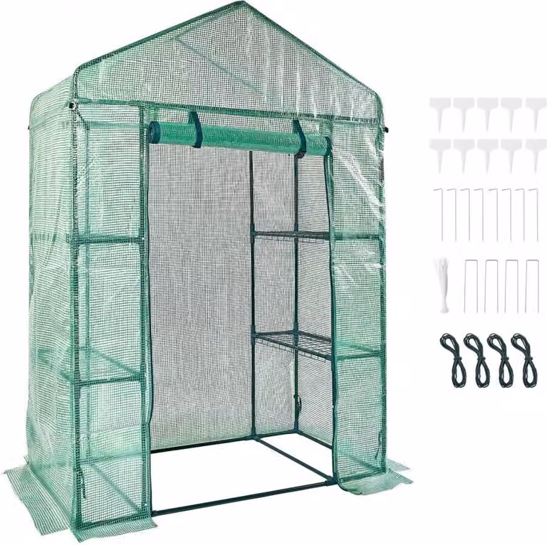 Serra in foglio 141x74,5x205cm - Serra per pomodori - Capacità di carico 15kg - Serra - Casa da giardino - Struttura fredda - Materiale PE - Tubo d'acciaio - Casa per pomodori - Serra per ortaggi - 4 ripiani - Casa per piante