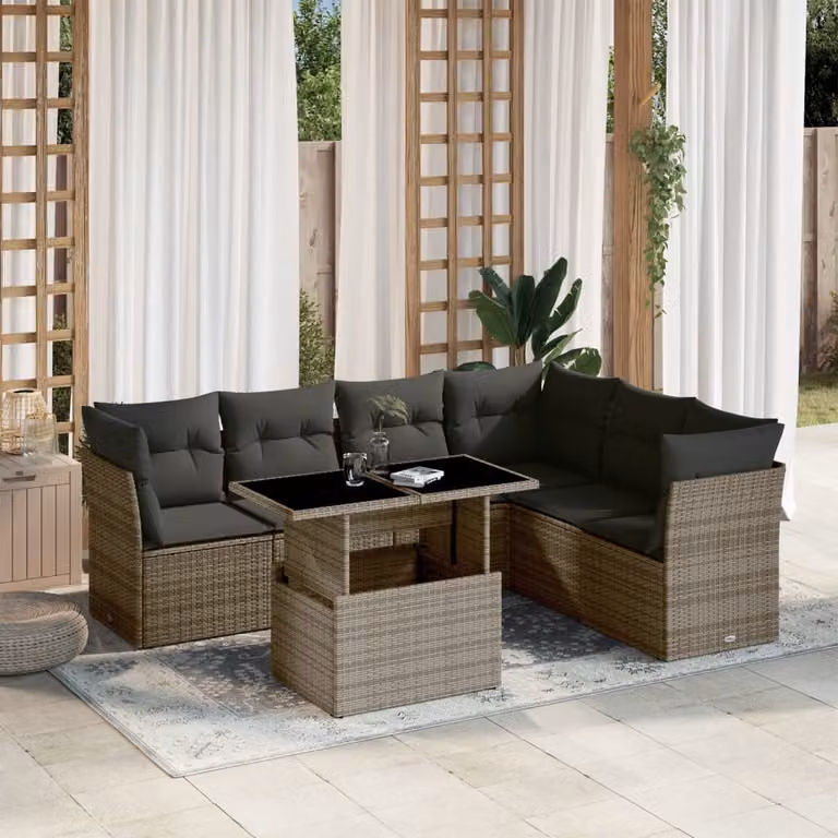 Set da giardino vidaXL composto da 7 pezzi in polyrattan grigio con cuscini e tavolino da caffè