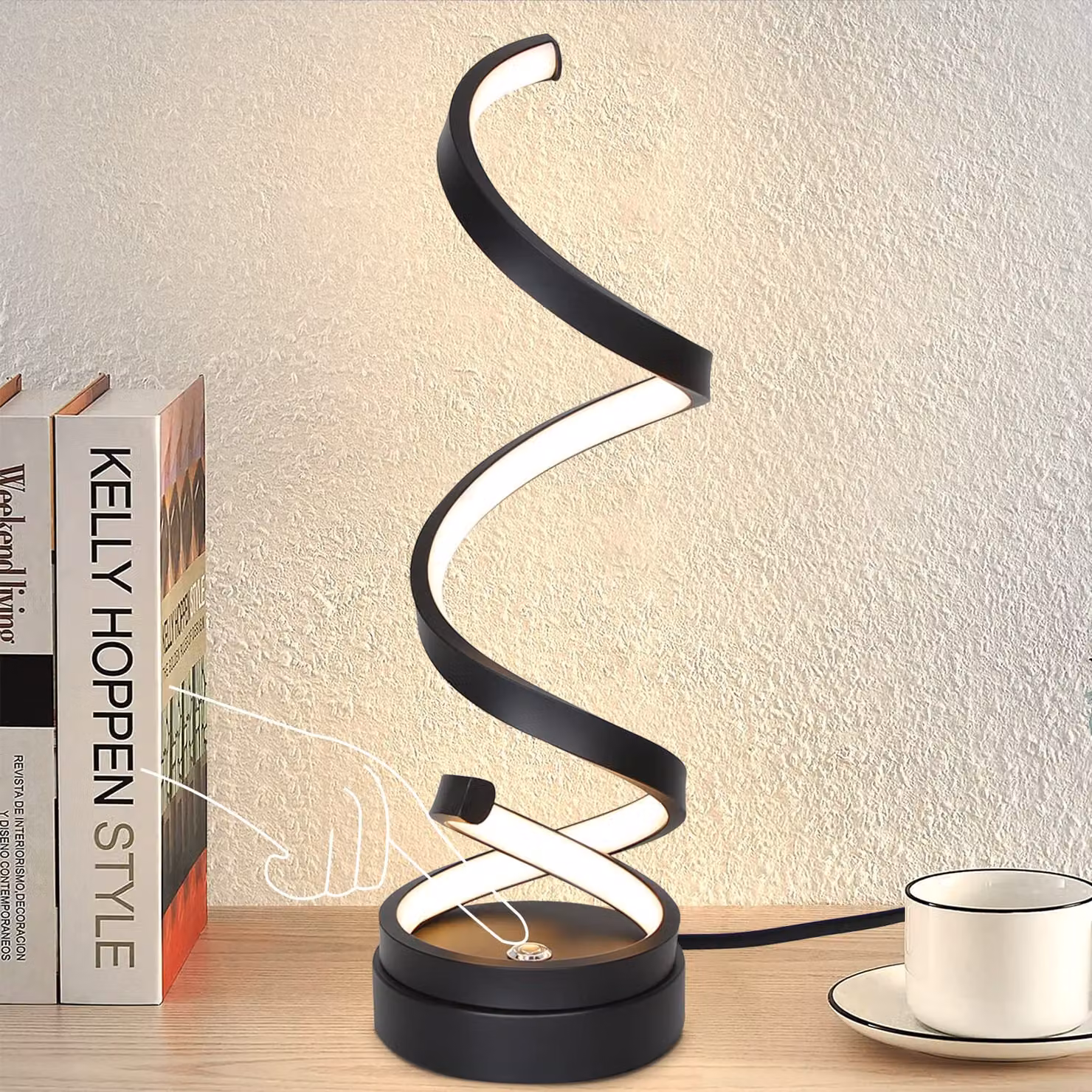ZMH Lampada da comodino Lampada da tavolo LED touch dimmerabile - 12W Moderna lampada da tavolo da soggiorno con cavo da 1,6 m Lampada da scrivania nera con design a spirale Luce notturna per camera da letto Camera dei bambini