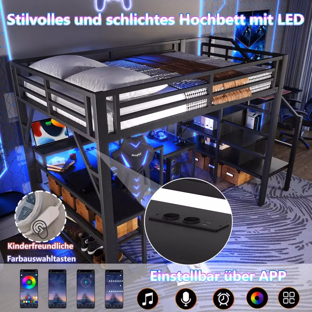 Letto a castello CIPACHO nero in metallo e MDF con scala, illuminazione LED sottostante e porta di ricarica USB L/P/H: 200 x 140 x 255 cm – 2