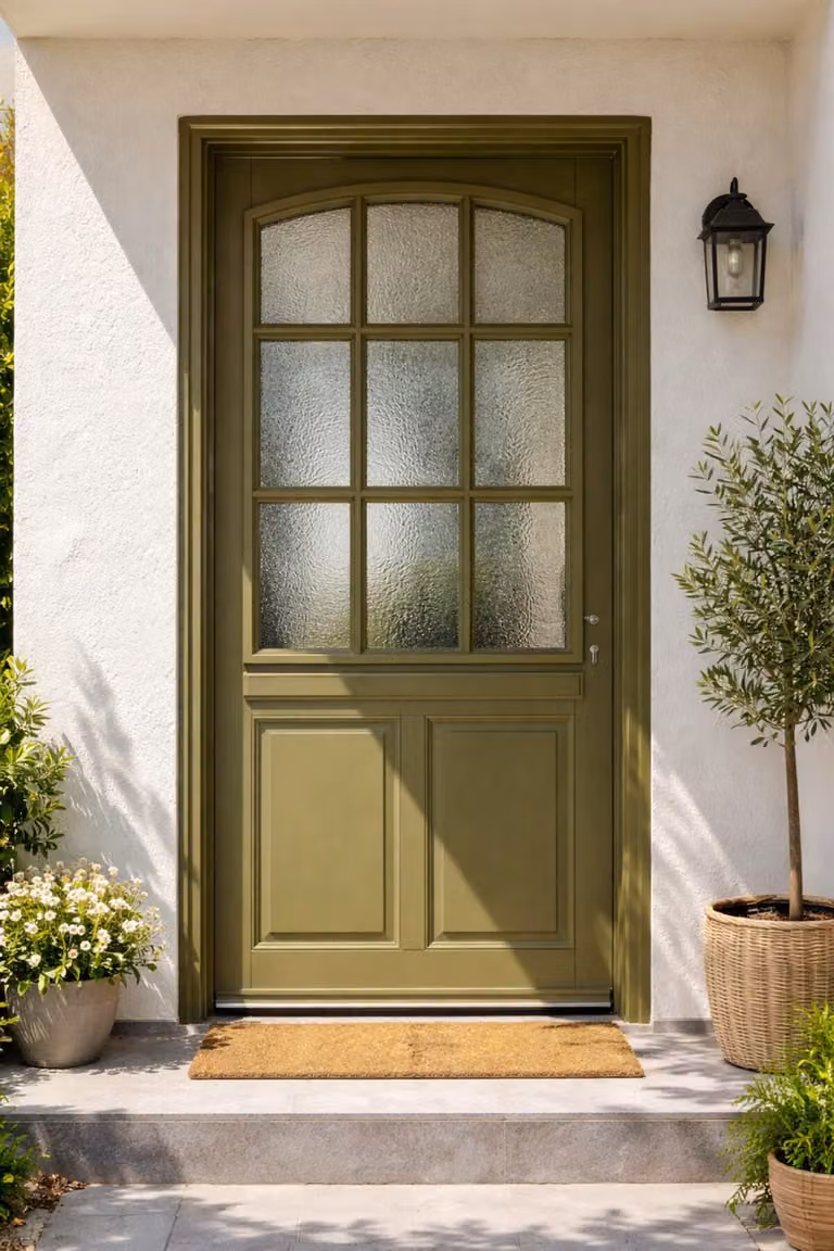 Porta d'ingresso in legno con vetro Andore verde grigio oliva, H.215xL.80 cm, lato pannello P, sinistra, maniglia, cilindro GD MENUISERIES
