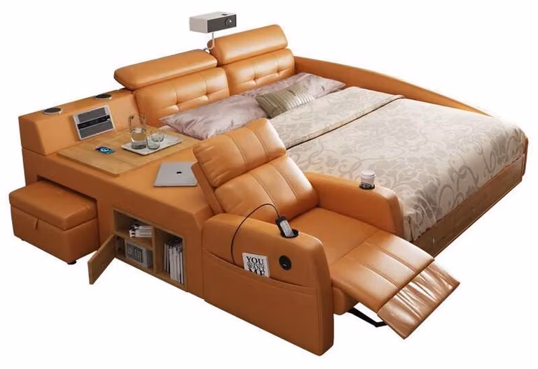 Letto multifunzionale in stile moderno con struttura in legno color arancione, comodo