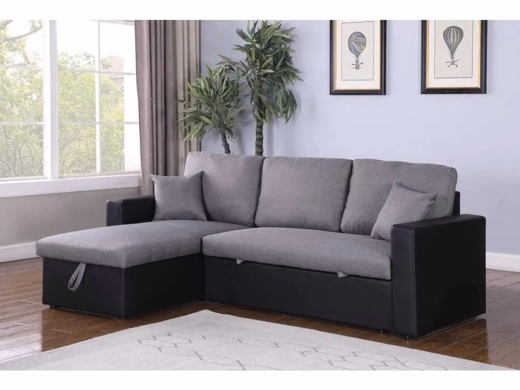 Divano ad angolo trasformabile Alain con contenitore e funzione letto, 3 posti, rivestimento in tessuto e similpelle, Grigio/Nero, L/P/H: 221 x 145 x 85 cm – 2