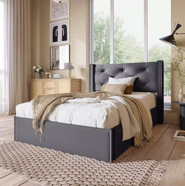 Letto imbottito 90x200 cm; con contenitore e rete sollevabile; cotone; grigio (Senza materasso)