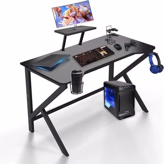 Piano di lavoro ergonomico per gaming con scomparto per bicchieri e supporto per cuffie - Gestione cavi - 100 x 55 x 90,5 cm