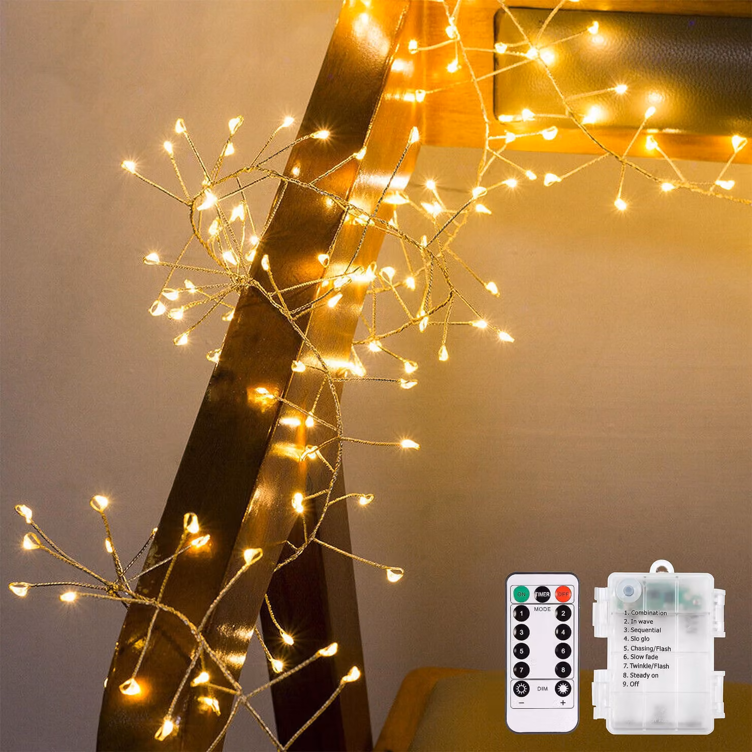 Catena luminosa a LED, 200 luci bianco caldo, 3,3 metri, colore argento, alimentazione a batteria, con telecomando