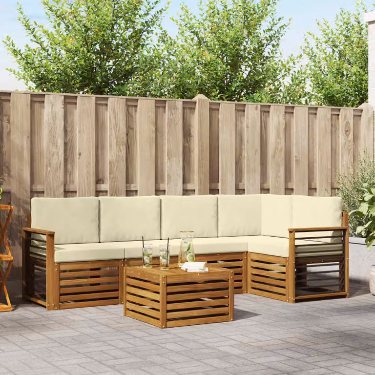 vidaXL Set di divani da esterno a L composto da 6 pezzi in legno di acacia con cuscini beige e crema