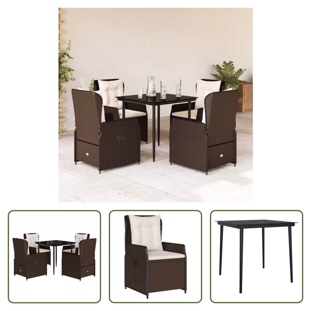 The Living Store Set da pranzo da giardino 5 pezzi con cuscini in polirattan marrone