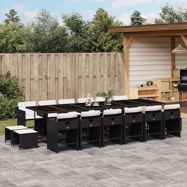 Set da pranzo da giardino vidaXL in polyrattan nero con cuscini e piano in vetro per esterno