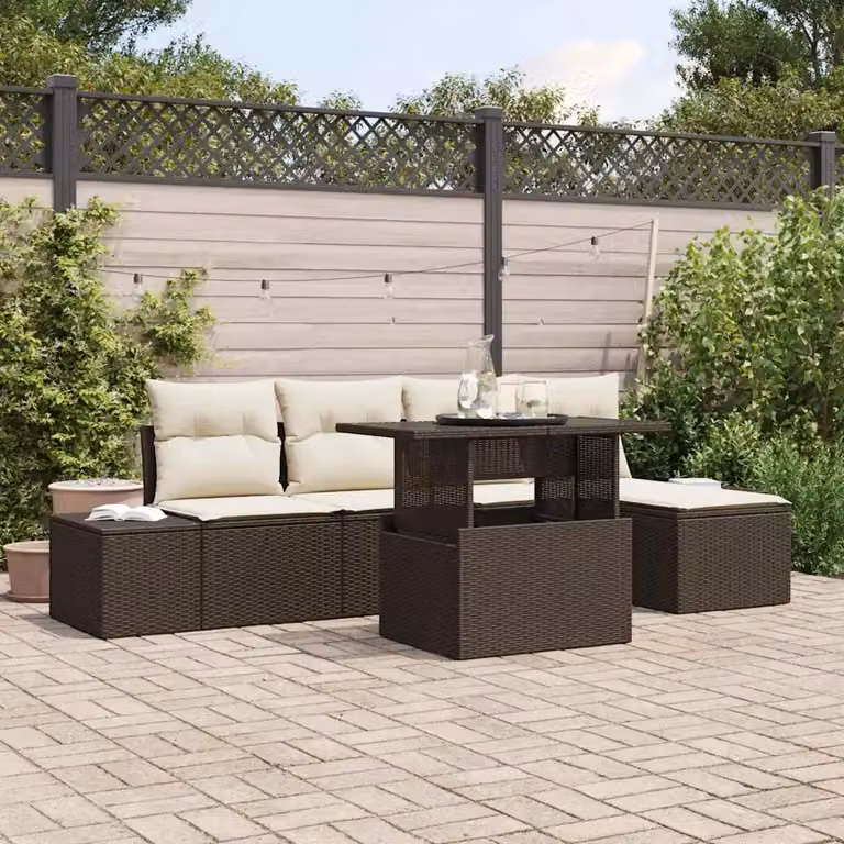 Set Divano da Giardino vidaXL 6 Pezzi Moderno a Forma di L con Tavolino e Pouf, Marrone e Beige con Cuscini e Struttura in Metallo
