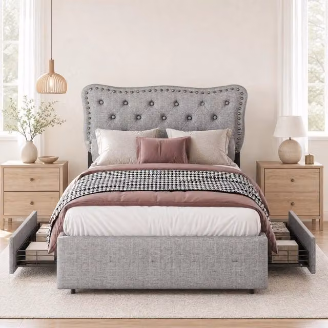 Letto imbottito 90x200 cm con 2 cassetti; MDF e tessuto effetto lino; grigio