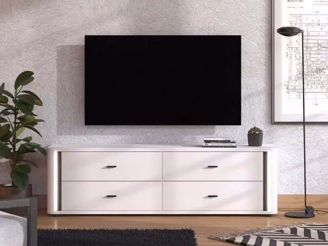 Mobile Porta TV Terenzo DMORA con 4 Cassetti, Bianco Opaco, L: 176.5 cm, P: 40 cm, H: 52 cm – 1