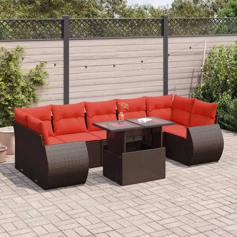 Set Divano da Giardino a L vidaXL 8 Pezzi in Polyrattan con Cuscini e Tavolino, Marrone e Acacia