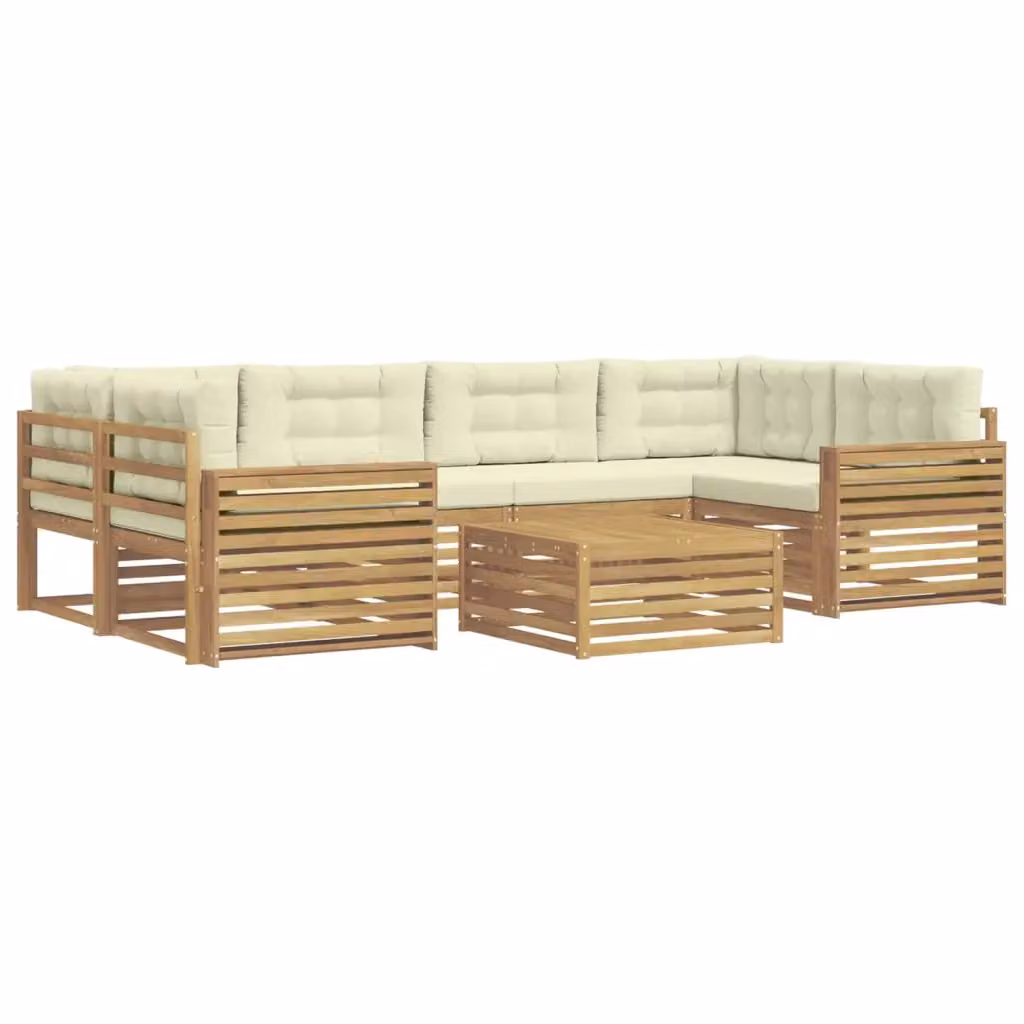 Set di divani da esterno a forma di U vidaXL in legno di acacia con tavolino e cuscini, Bianco e Beige – 2