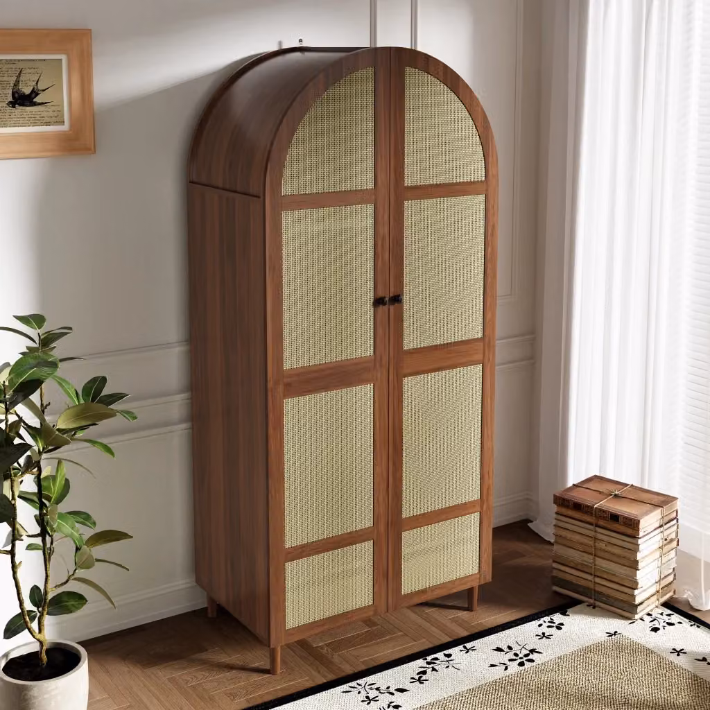 Armadio guardaroba moderno in rattan e MDF marrone con ante a battente, cassetti interni, ripiani e barra appendiabiti, L: 80 cm, P: 50 cm, H: 179 cm – 2