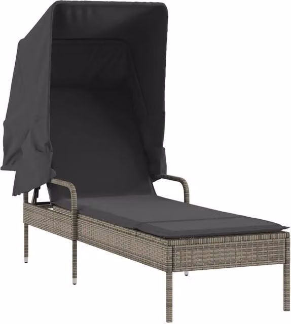 Lettino prendisole con baldacchino in polyrattan grigio e tessuto resistente ai raggi UV con poggiatesta regolabile – 1