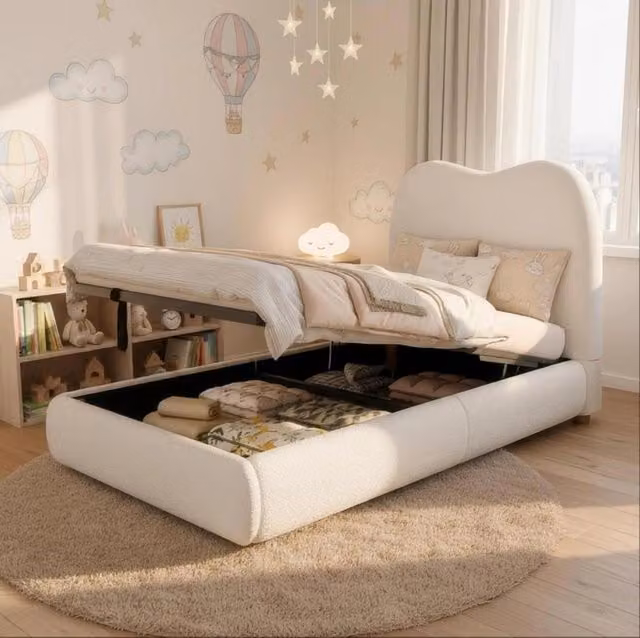 Letto per bambini 90x200 cm con contenitore idraulico e rete a doghe in boucl¨¦ beige