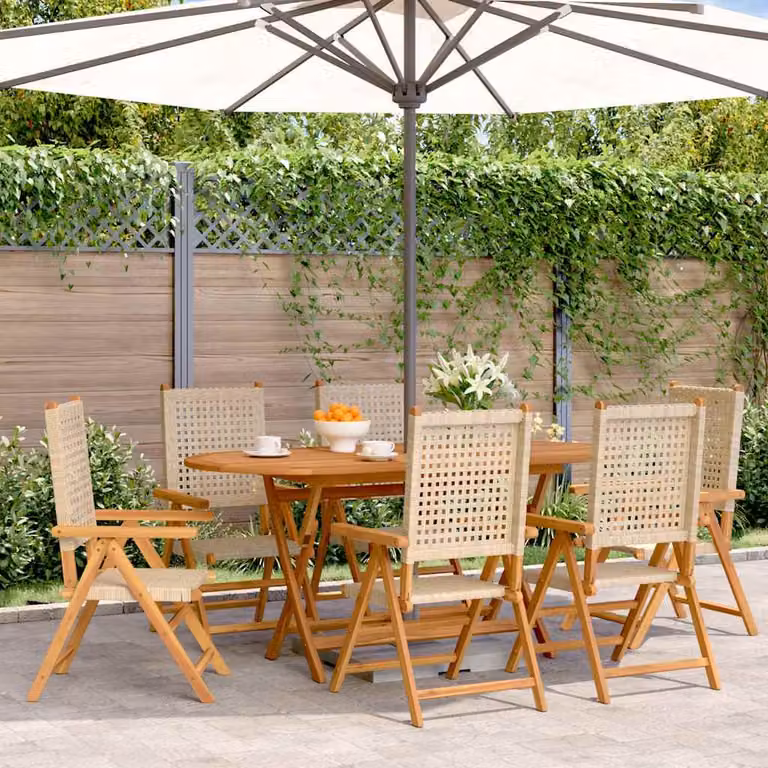 Set da 6 sedie pieghevoli reclinabili da giardino vidaXL in polyrattan beige e legno di acacia oliato con braccioli