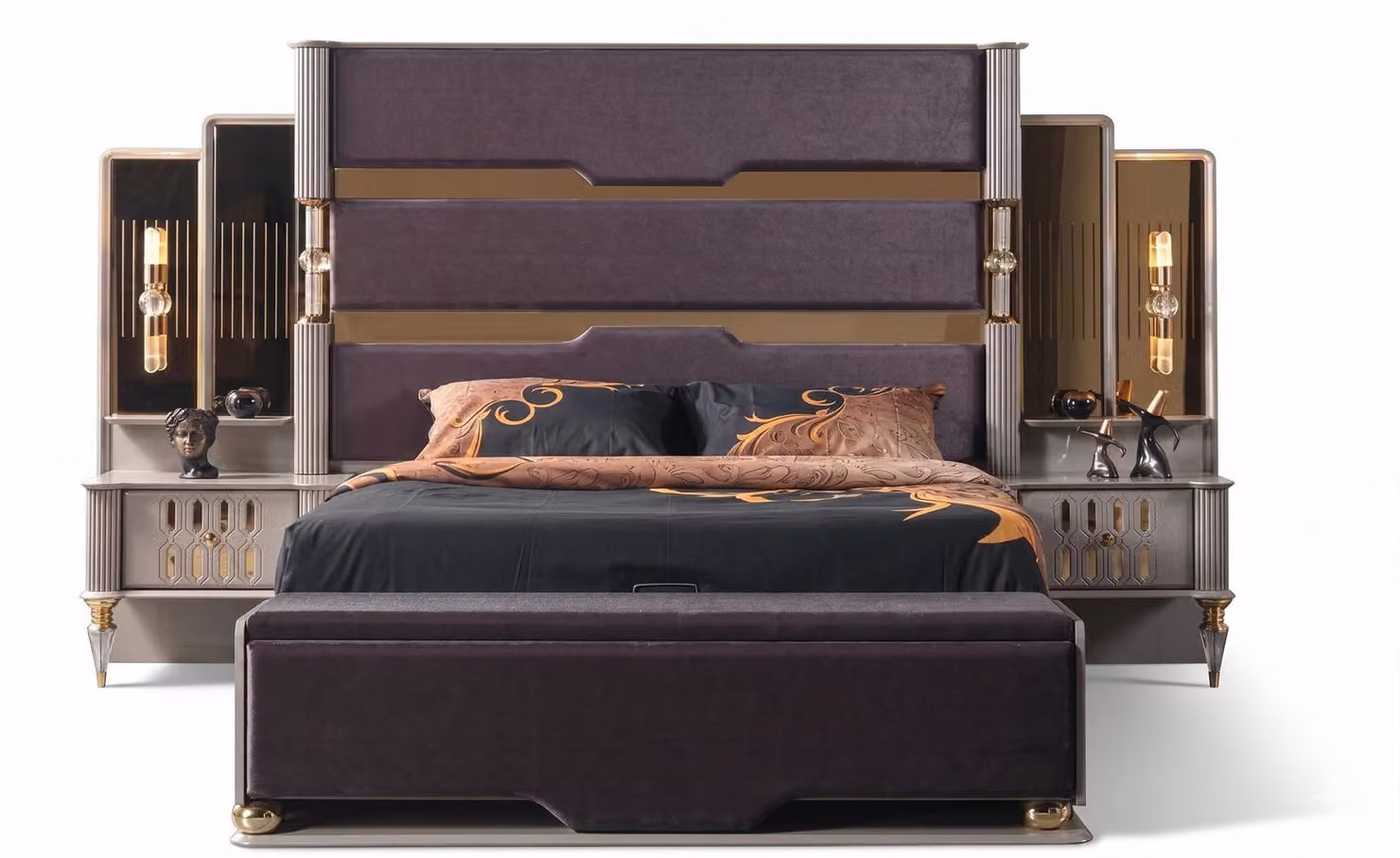 Bett grigio, morbido, elegante, nuovo, moderno, comodo, confortevole, camera da letto