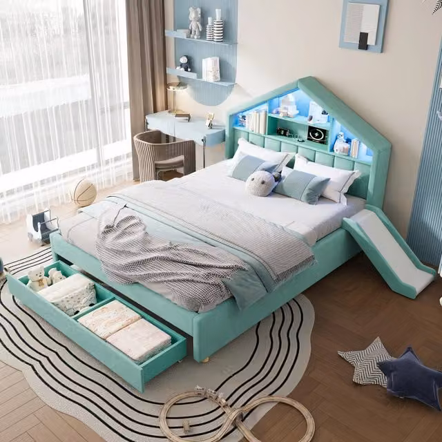 Desviae Letto per bambini imbottito 140 × 200 cm con scivolo reversibile LED vano contenitore in velluto blu verde