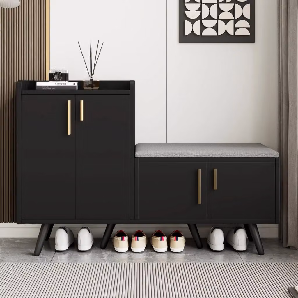 Scarpiera OKWISH moderna con seduta imbottita e 4 ante per ingresso in MDF e metallo, colore nero e marrone, L: 120 cm, P: 34 cm, H: 82 cm – 2