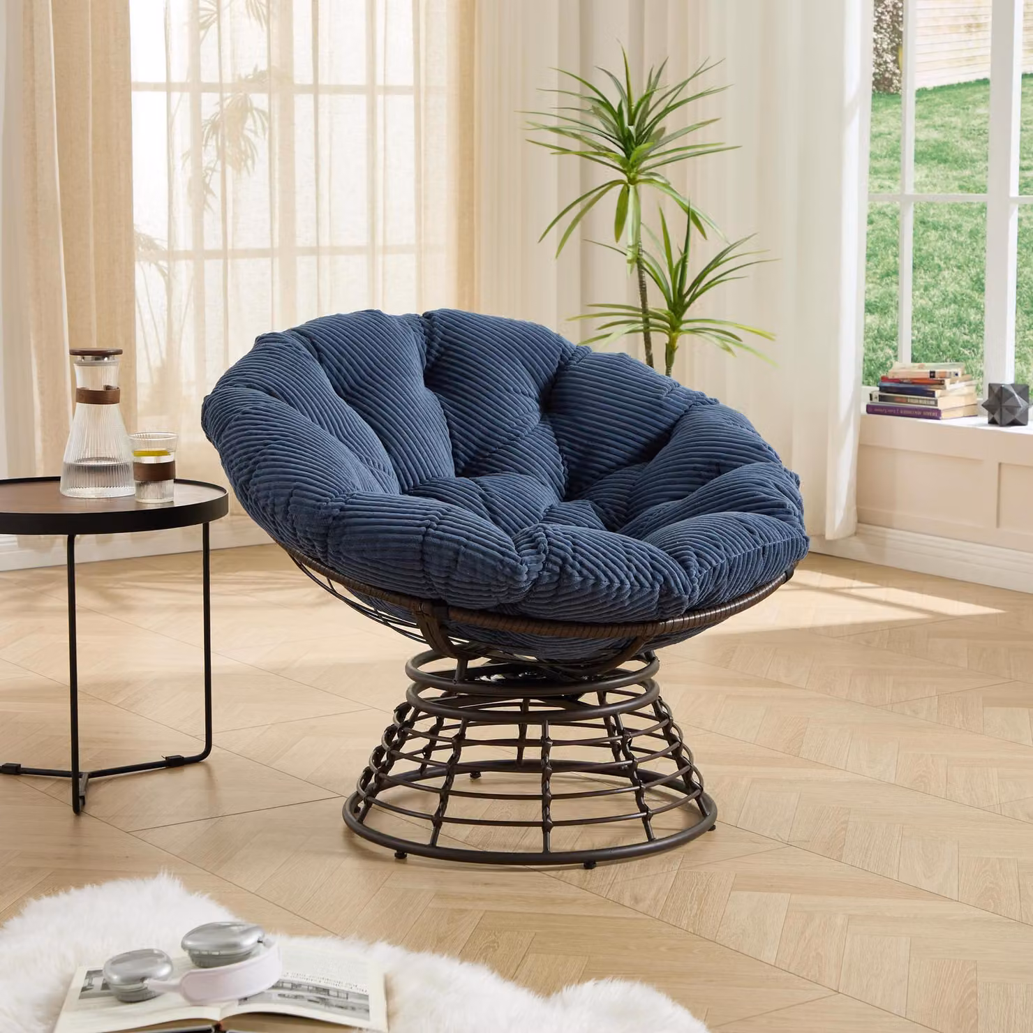 Poltrona Papasan girevole a 360 con cuscino in tessuto a coste e struttura in acciaio, L 92 cm, P 92 cm, H 67 cm, Blu marino – 2